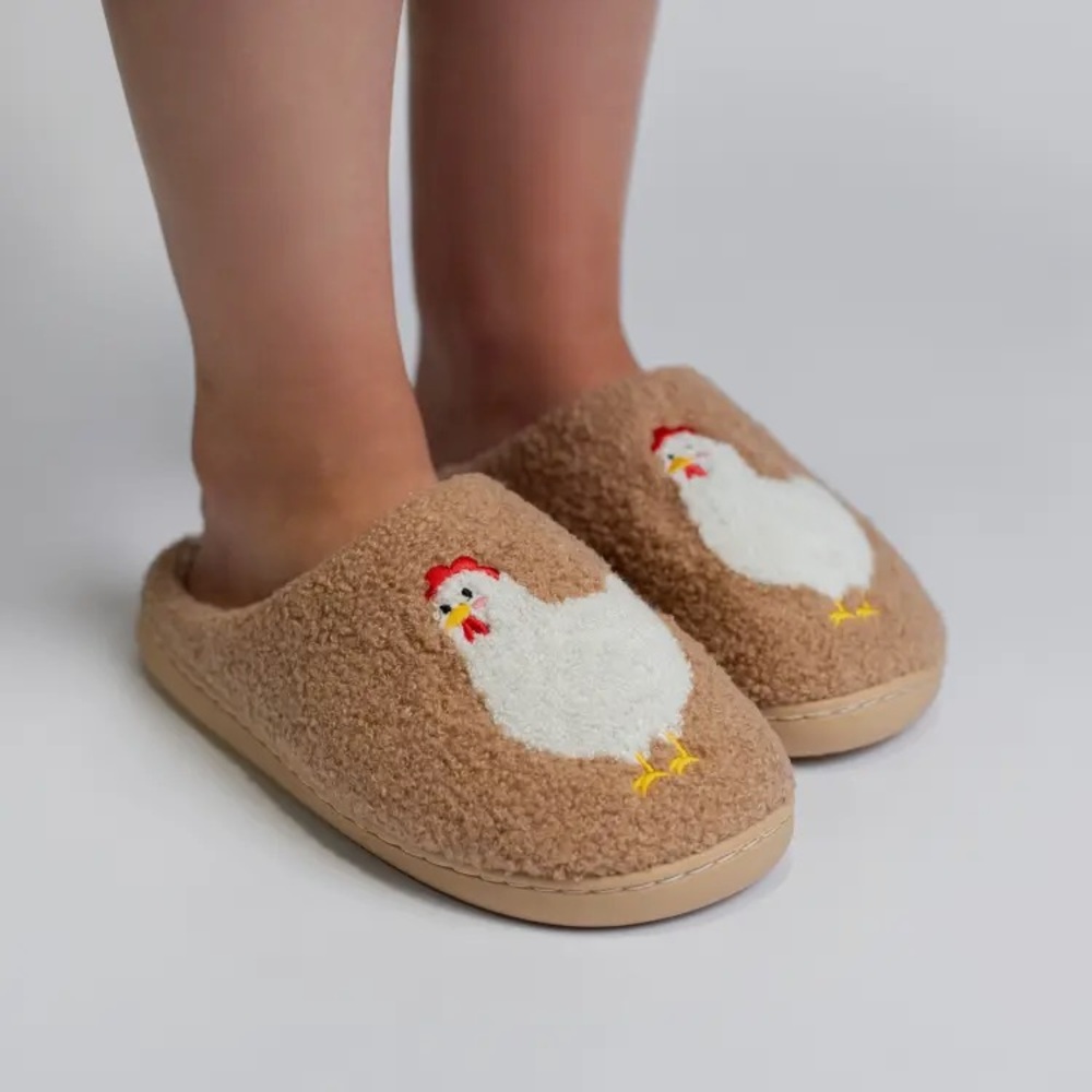 Cozy Tan Slippers with Chicken Embroidery - Picture 2 of 2